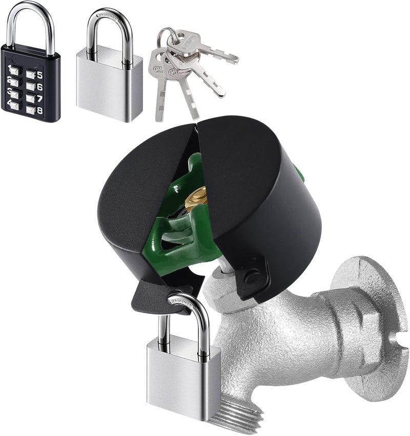DOCEPERT Outdoor Faucet Lock, 2 Locks Water Hose Bib Spigot Lock Stainless Steel Valve Lock - Protecting Water from Unauthorized Use and Vandalism for 1.3-2.5" Valves Hose Bibs (Black) - Image 1